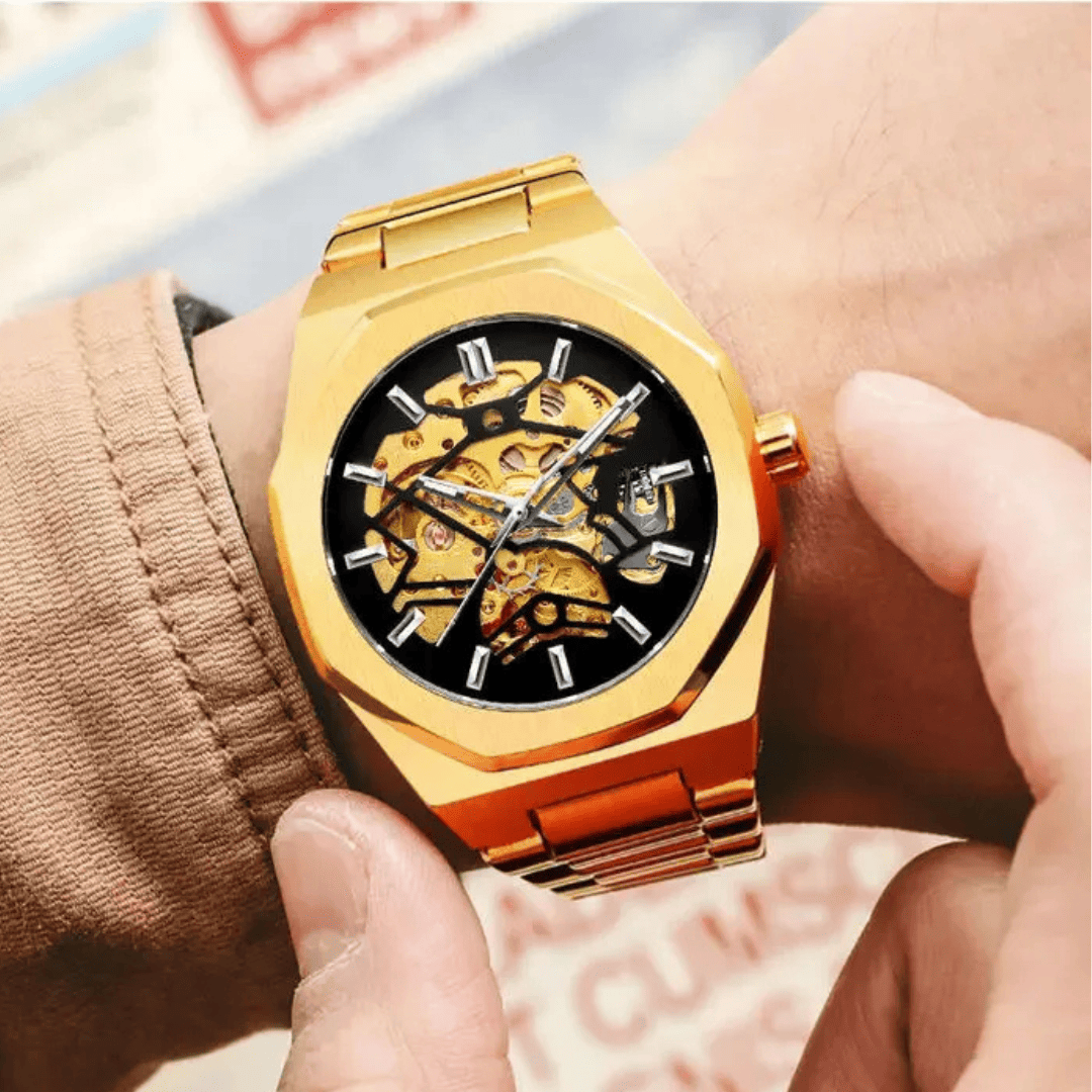 Relógio Masculino Sabr Skeleton Gold —